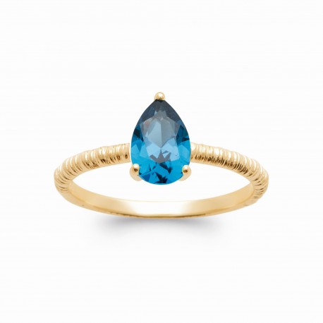Bague solitaire pierre saphir synthèse goutte poire cristal et Plaqué Or pas chère obrillant-bijoux