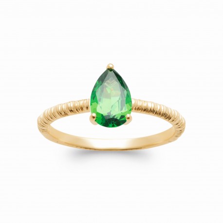Bague solitaire pierre goutte poire cristal vert et Plaqué Or pas chère obrillant-bijoux
