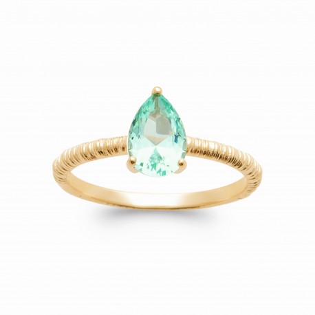 Bague solitaire pierre vert clair goutte poire cristal et Plaqué Or pas chère obrillant-bijoux