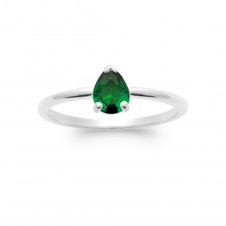 Bague solitaire pierre vert émeraude synthèse goutte poire cristal et Argent pas chère obrillant-bijoux