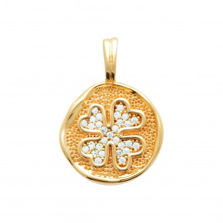 Pendentif Plaqué Or trèfle à quatre feuilles médaille et Zirconium pas cher obrillant-bijoux