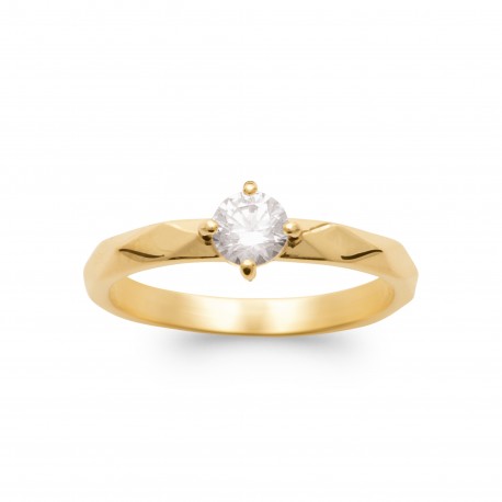Bague solitaire pierre ronde zirconium monture facettes en Plaqué Or pas chère obrillant-bijoux