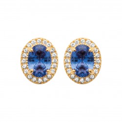 Puces d'oreilles en plaqué or pierre ovale en cristal bleue et zirconium blanc obrillant-bijoux