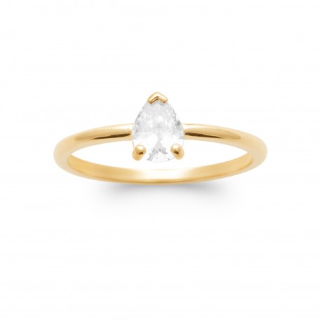 Bague solitaire Plaqué Or pierre poire Zirconium blanc - Obrillant-Bijoux - pas chère