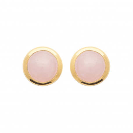Puces d'oreilles en plaqué or pierre ronde en quartz rose obrillant-bijoux