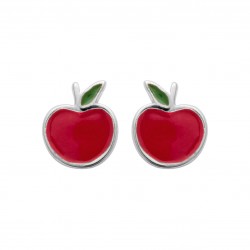Boucles d'oreilles enfant en argent rhodié pomme en émail pas cher obrillant-bijoux