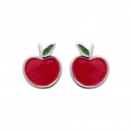 Boucles d'oreilles enfant en argent rhodié pomme en émail pas cher obrillant-bijoux