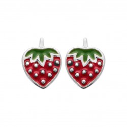 Boucles d'oreilles enfant en argent rhodié fraise en émail pas cher obrillant-bijoux
