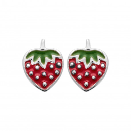 Boucles d'oreilles enfant en argent rhodié fraise en émail pas cher obrillant-bijoux