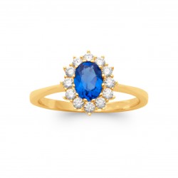 Bague plaqué or pierre ovale en cristal bleu et zirconium blanc joaillerie pas chère obrillant-BIjoux