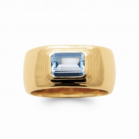 Bague large Plaqué Or pierre rectangulaire topaze bleue imitation joaillerie pas chère obrillant-bijoux