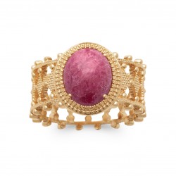 Bague ajourée plaqué or pierre cabochon en véritable Rhodonite pas chère Obrillant-Bijoux