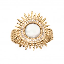 Bague large en plaqué or soleil rayonnant en zirconium et nacre Obrillant-BIjoux