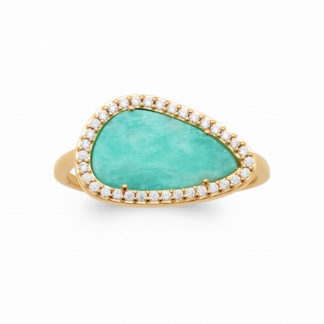 Bague en plaqué or pierre ovale en Amazonite véritable contours en zirconium pas chère Obrillant-bijoux