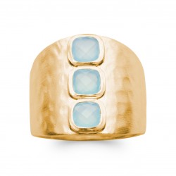 Bague large en plaqué or martelée et trois pierres en agate bleue Obrillant-Bijoux