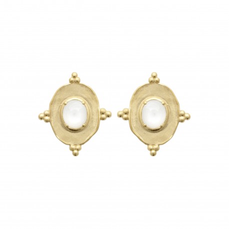 Puces d'oreilles en plaqué or pastille ovale ciselée et pierre de lune véritable Obrillant-Bijoux