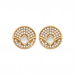 Puces d'oreilles en plaqué or rondes pavé en zirconium et losange en véritable nacre obrillant-bijoux