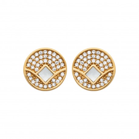 Puces d'oreilles en plaqué or rondes pavé en zirconium et losange en véritable nacre obrillant-bijoux