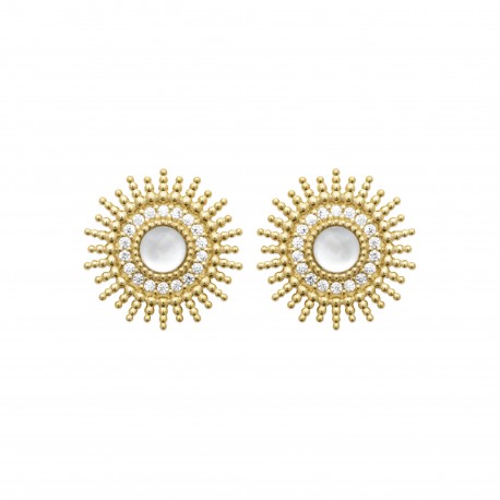 Puces d'oreilles en plaqué or soleil avec pierre en nacre et zirconium Obrillant-Bijoux