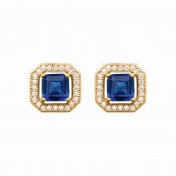 Puces d'oreilles en plaqué or pierre carré en cristal bleu et zirconium pas chère obrillant-bijoux