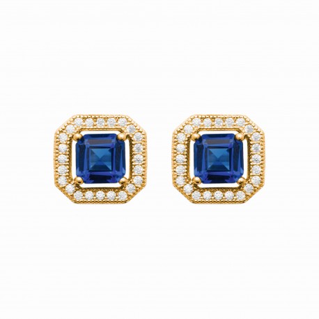 Puces d'oreilles en plaqué or pierre carré en cristal bleu et zirconium pas chère obrillant-bijoux
