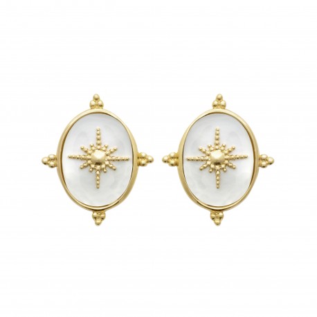 Puces d'oreilles en plaqué or ovale soleil en relief et nacre véritable Obrillant-Bijoux