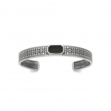 Jonc large homme argent monture ciselée pierre imposante en agate noire obrillant-bijoux