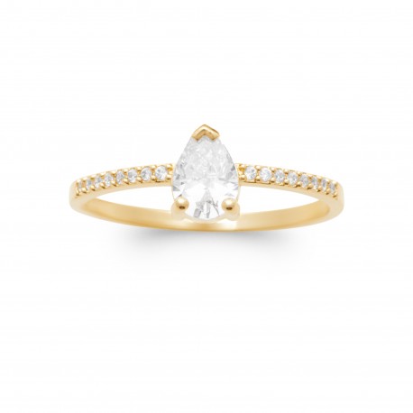 Bague solitaire accompagné Plaqué Or pierre poire en Oxyde de Zirconium - Obrillant-Bijoux - pas chère