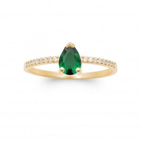Bague solitaire accompagné Plaqué Or pierre poire en émeraude de synthèse - Obrillant-Bijoux - pas chère