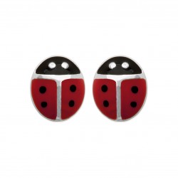 Boucles d'oreilles enfants puces en argent 925/000 rhodié coccinelle en émail rouge obrillant-bijoux