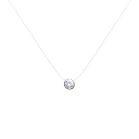 Collier en argent 925/000 rhodié câble nylon fil de pêche pierre ronde clos en zirconium blanc obrillant-bijoux
