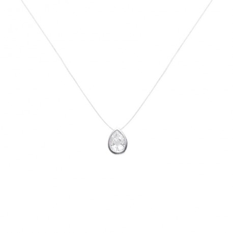 Collier en argent 925/000 rhodié câble nylon fil de pêche pierre goutte en zirconium blanc obrillant-bijoux