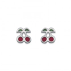 Boucles d'oreilles enfants puces en argent 925/000 cerises en émail rouge obrillant-bijoux