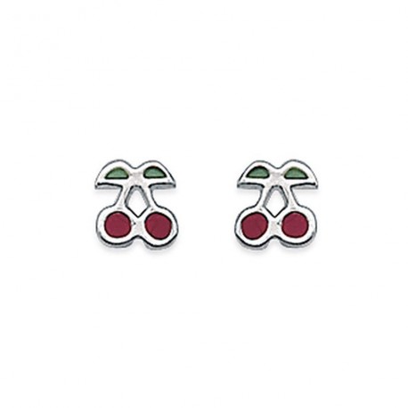 Boucles d'oreilles enfants puces en argent 925/000 cerises en émail rouge obrillant-bijoux