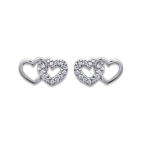 Boucles d'oreilles puces en argent 925/000 rhodié coeurs entrelacés pavé zirconium obrillant-bijoux