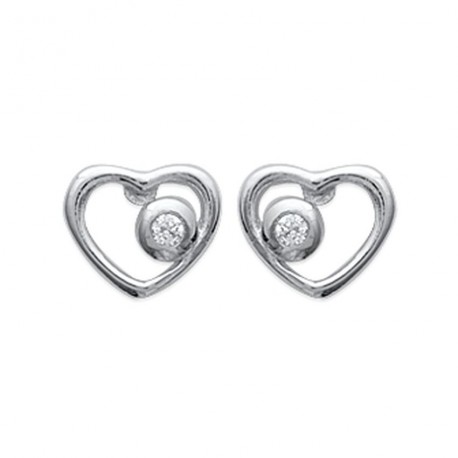 Boucles d'oreilles puces en argent 925/000 rhodié coeur pierre en zirconium blanc obrillant-bijoux