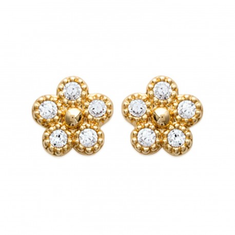 Boucles d'oreilles puces plaqué or fleur pavé pierres serties zirconium obrillant-bijoux