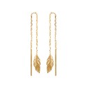 Boucles d'oreilles longues en plaqué or plume ciselée fermoir chainette