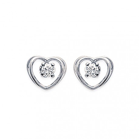 Boucles d'oreilles puces en argent 925/000 rhodié coeur pierre en zirconium blanc obrillant-bijoux