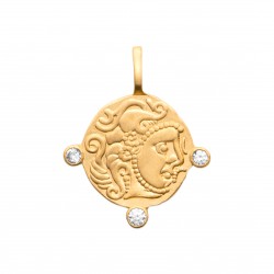 Pendentif en plaqué or médaille visage style antique et artisanal avec zirconium obrillant-bijoux
