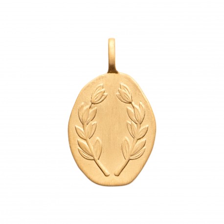 Pendentif en plaqué or médaille ovale feuilles de laurier style artisanal obrillant-bijoux