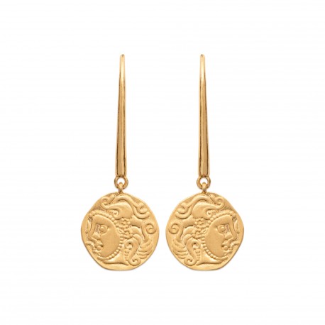 Boucles d'oreilles en plaqué or médailles visages style antique et artisanal obrillant-bijoux