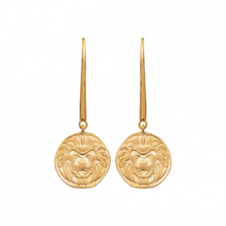Boucles d'oreilles en plaqué or médailles lion style antique et artisanal obrillant-bijoux