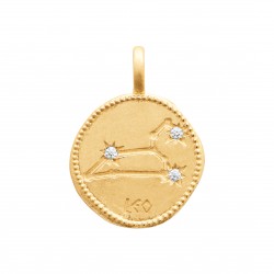 Pendentif en plaqué or médaille signe du zodiaque latin Lion et zirconium Obrillant-Bijoux