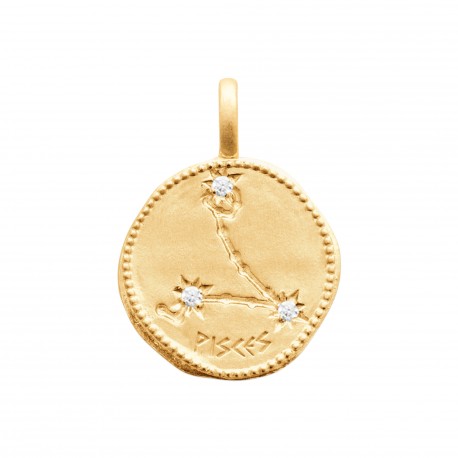 Pendentif en plaqué or médaille signe du zodiaque latin poisson et zirconium Obrillant-Bijoux