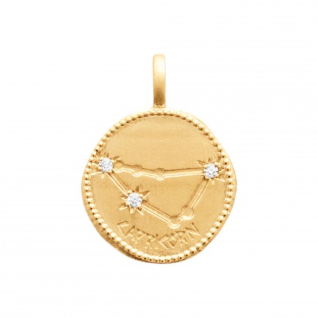 Pendentif en plaqué or médaille signe du zodiaque latin capricorne et zirconium Obrillant-Bijoux