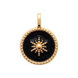 Pendentif en plaqué or médaille ronde en émail noir motif étoile obrillant-bijoux