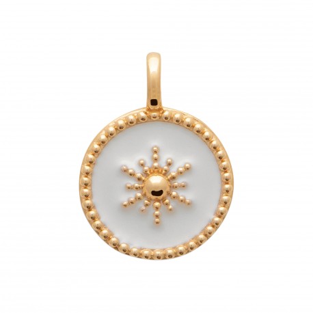 Pendentif en plaqué or médaille ronde en émail blanc motif étoile obrillant-bijoux