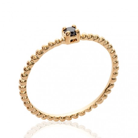 Solitaire fin plaqué or monture perlée pierre en zirconium noir Obrillant-bijoux