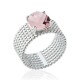 Bague large en argent rhodié sept rangs perlés pierre carré en cristal rose à facettes Obrillant-Bijoux